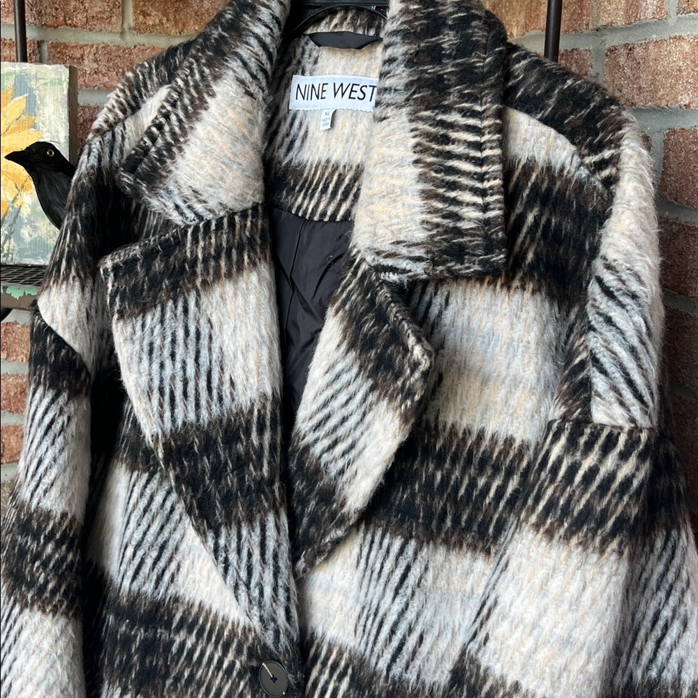 Nine West Women's Black/Brown and White Plaid Coat - Picture 13 of 15